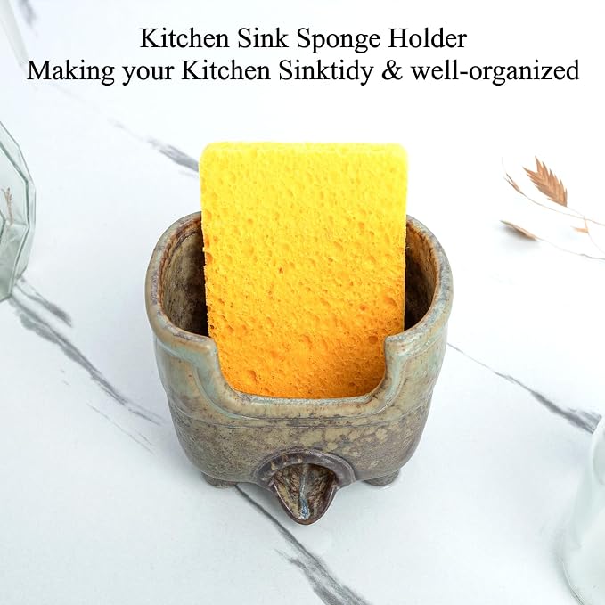 Sponge Holder for Kitchen Sink, Ceramic Sink Caddy Organizer | Self draining sponge Dish for scouring pad, soap, brushes. Rustic farmhouse kitchen sink storage keeps counter dry. Avocado