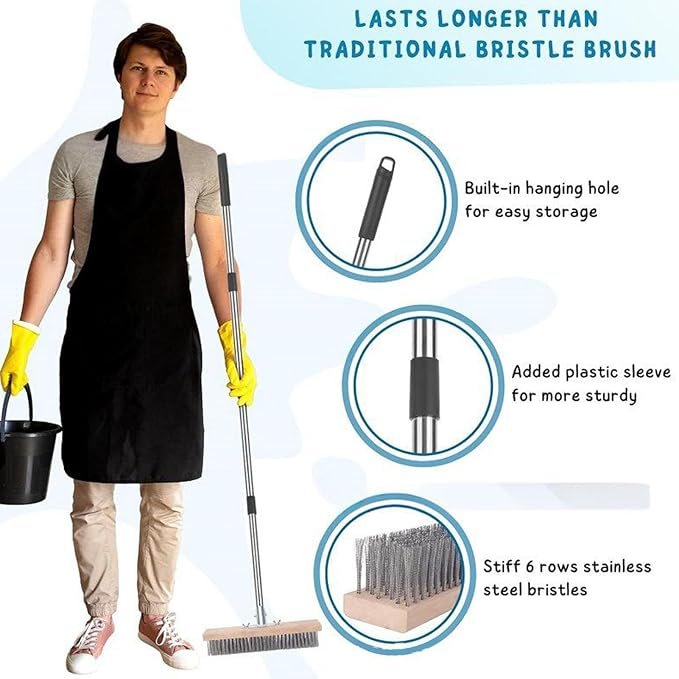 Heavy Duty Stainless Steel Deck Brush with Long Handle, Concrete Floor Scrubber Moss Remover Wire Broom for Patio, Deck, Garage, Outdoor Cleaning (30cm / 11.8in)