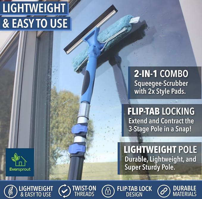 EVERSPROUT Swivel Squeegee & Microfiber Window Scrubber, 1.5 to 3ft Pole | 2-in-1 Window & Glass Cleaning Combo, Swivels to 7 Angles, 10-inch Blade, 8-10ft Standing Reach, Machine Washable, Non-Slip
