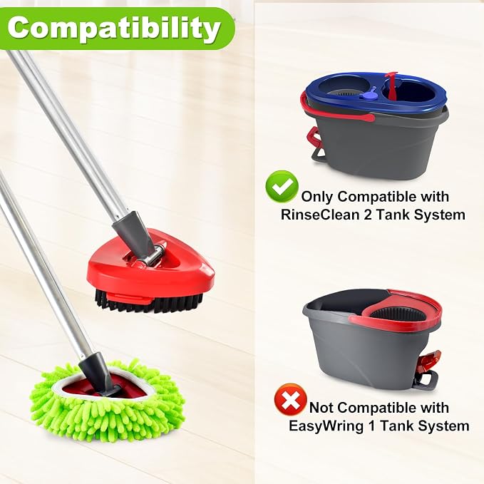 Chenille Mop Heads Scrubber Brush & Base Mop Replace Handle for O-Cedar RinseClean 2 Tank Spin Mop System Set Include 2 Chenille Mop Pads 1 Brush 1 Base and Stainless Steel Mop Handle (NO Bucket)