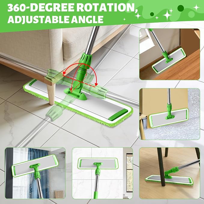17.7" Microfiber Mop for Floor Cleaning, 360° Rotating Flat Mop with 4 Pads | ,59in Long Adjustable Stainless Steel Handle, 4 Washable Pads for Dry & Wet Cleaning for Hardwood, Vinyl, Laminate, Green