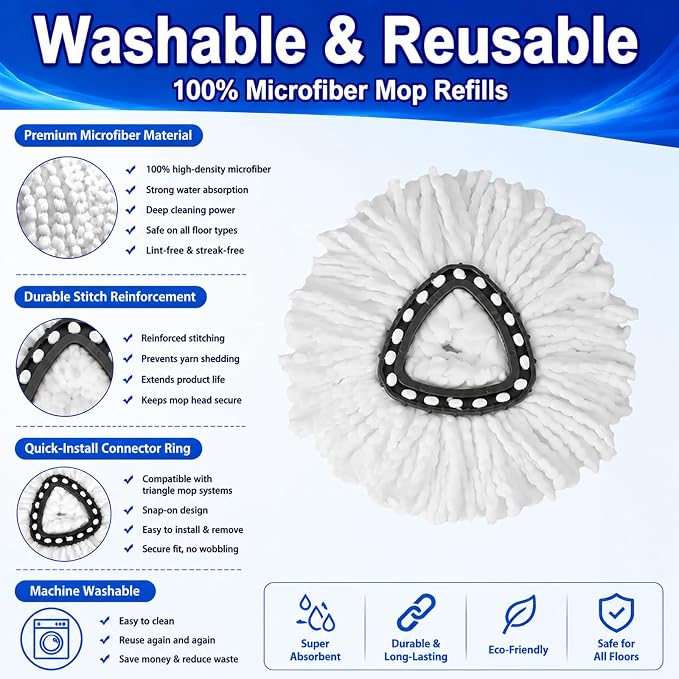 3 Pack Spin Mop Replacement Heads,100% Microfiber Mop Head,Deep Cleaning | Mop Heads Replacements Compatible with Cedar,360°Mop Replace Head for Floor Cleaning,Machine Washable & No Shedding