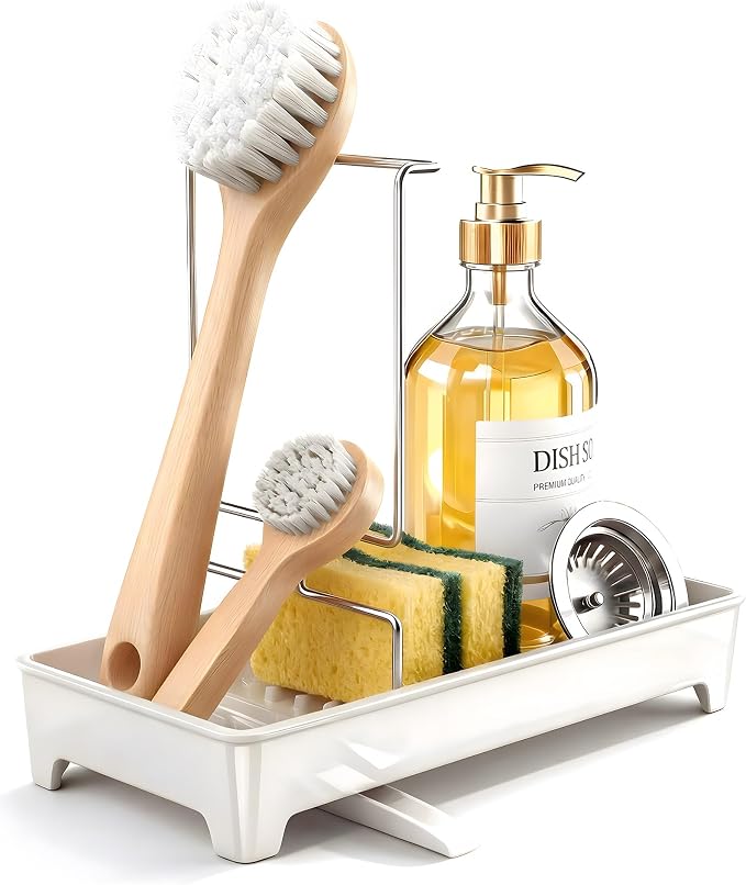 Minimalist Sink Caddy, Rustproof Sponge Holder for Kitchen Sink White | Large Rustproof countertop organizer with 304 stainless steel brush holder, raised ridges and silicone drain tube