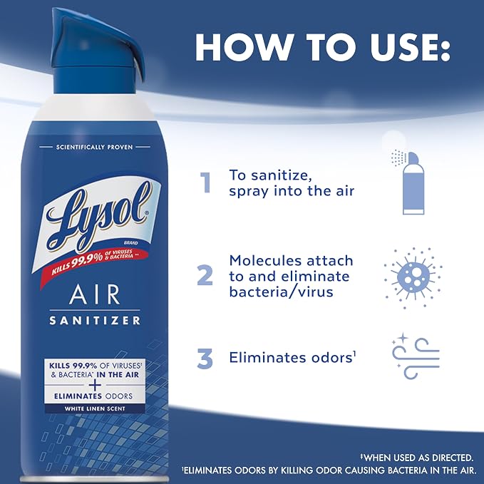 Lysol Air Sanitizer Spray with Bacterial Odor Eliminator for Home & Office, Sanitizing Air Spray, Air Freshener Alternative, White Linen Scent, 10 oz (Pack of 6)