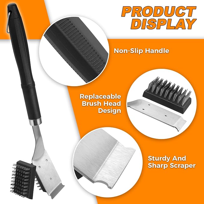 BBQ Grill Cleaning Brush Scraper with 2 Replaceable Steel Bristles Head | 72-Well Wires Brush, Stainless Grill Grate Cleaner, for Weber Gas, Charcoal, Electrical, Infrared