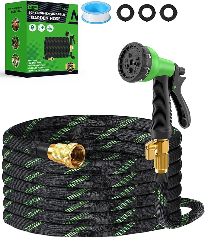 50ft Garden Hose，Non-Expandable Water Hose with 8 Function Spray Nozzle, Burst-Resistant，Kink-Free，Lightweight，Durable & Flexible 3/4" Garden Hose for Gardening, Yard，Lawn, Car Washing