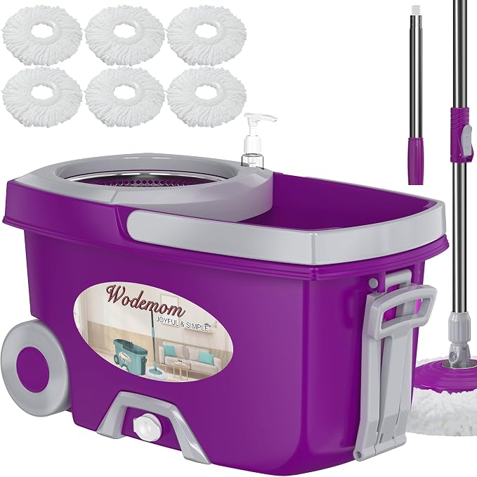 Traditional Large Spin Mop and Bucket, 2 Gal Capacity, Purple | 2 Rolling Wheels, Pull Handle, 61-Inch Handle, 6 Mop Heads, Easy Wringing, For Family Homes, Hardwood, Laminate & Tile Floors