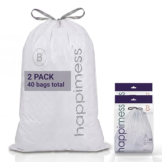 happimess 20-Count Unscented 5.3 Gal Trash Bags, Clear, Pack of 2 | Kitchen Can Liners, Drawstring, Heavy Duty LDPE Plastic, Tear-Resistant, Recyclable, Custom Fit
