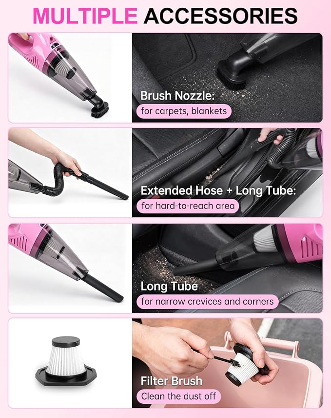 THINKWORK Car Cleaning Kit with Vacuum,Deep Cleaning for Interior Detailing | 7600PA High Power Corded Handheld Vacuum,Windshield Cleaner Tool, Detailing Brush Set,22Pcs Pink Accessories,Gift for Women