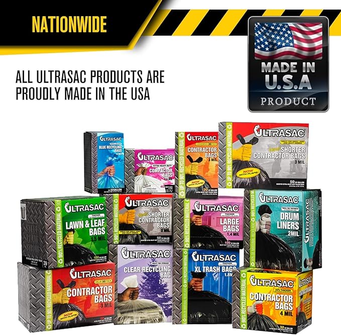 Ultrasac Contractor Bags 42 Gallon (20 PACK/w FLAP TIES), 32.75 x 44.5-3 MIL Thick Large Black Heavy Duty Industrial Garbage Trashbags for Professional Construction and Commercial use