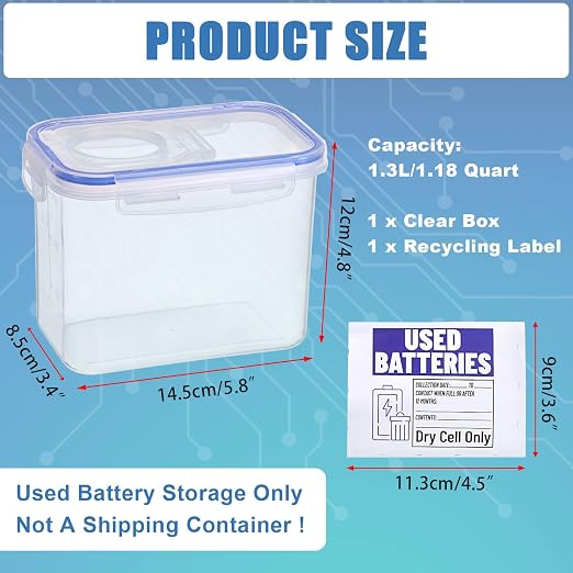 BTSKY Battery Recycling Container with Lid for Household Batteries, Blue | Battery Disposal Container 1.3 L Capacity Dry Cell Storage Recycling Bin with Label for Home Use, Office, Garage