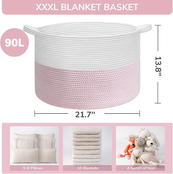 INDRESSME XXXLarge Woven Rope Blanket Basket Living Room Pink, 90L | Pink room decor woven rope basket for stuffed animal storage, toys & pillows. For girls room & nursery, soft-touch, kid-safe