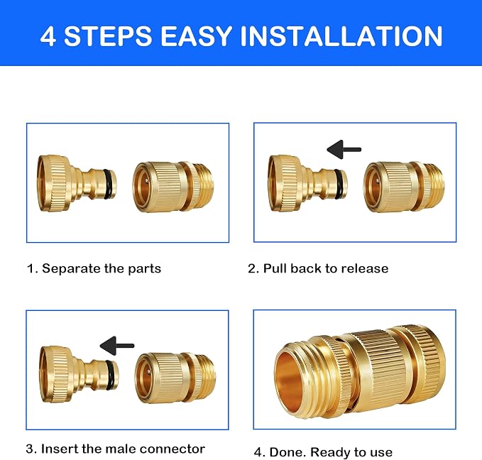 Hourleey Garden Hose Quick Connect, 6 Set Solid Brass 3/4 Inch GHT Thread Garden Hose Quick Connect Fittings, No-Leak Male and Female Water Hose Quick Release Connectors