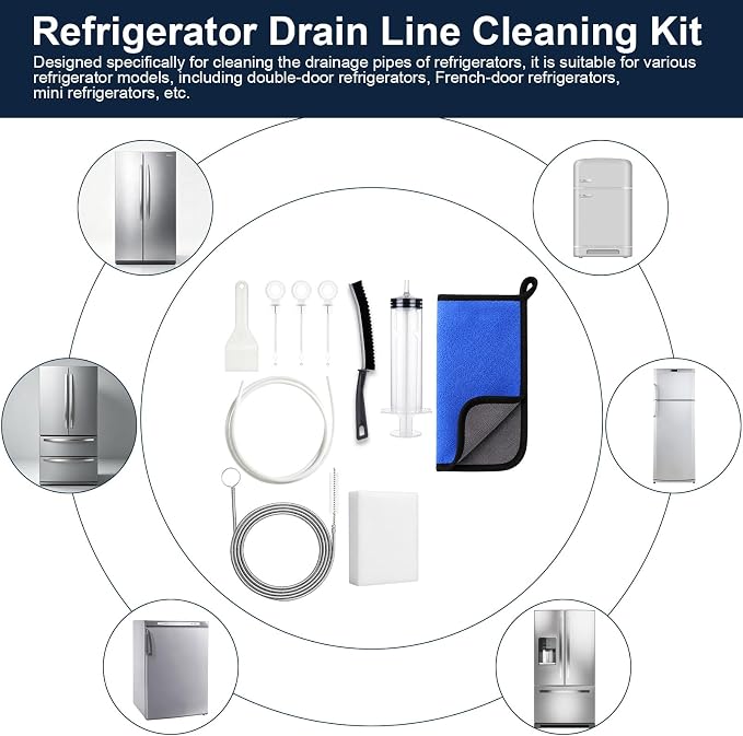 XANGNIER Refrigerator Water Line Cleaning Brush Kit,10 Pcs | Refrigerator Drain Cleaner Tool–53.8Inch Flexible Drain Brush,Syringe,Unclog Fridge&Ice Maker for Ice Dispenser,Sink