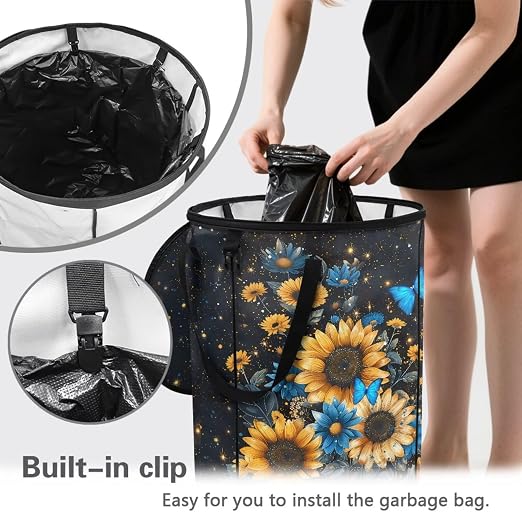 BIGCARJOB Sunflower Butterfly Camping Trash Can Outside Recycling Bin 22.83x17.71 in, Large Trash Can Pop Up Rubbish Bins with Clip and Zipper Lid(23 Gallons)
