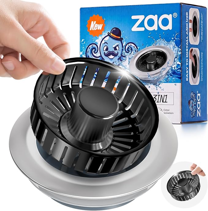 zaa 3 in 1 Kitchen Sink Drain Strainer Stopper Removable Basket Pop-Up | Kitchen Sink Accessories 1 Pack Brushed Black Stainless - Food Catcher, Odor-Blocking Seal, Fits 3.5" Drain