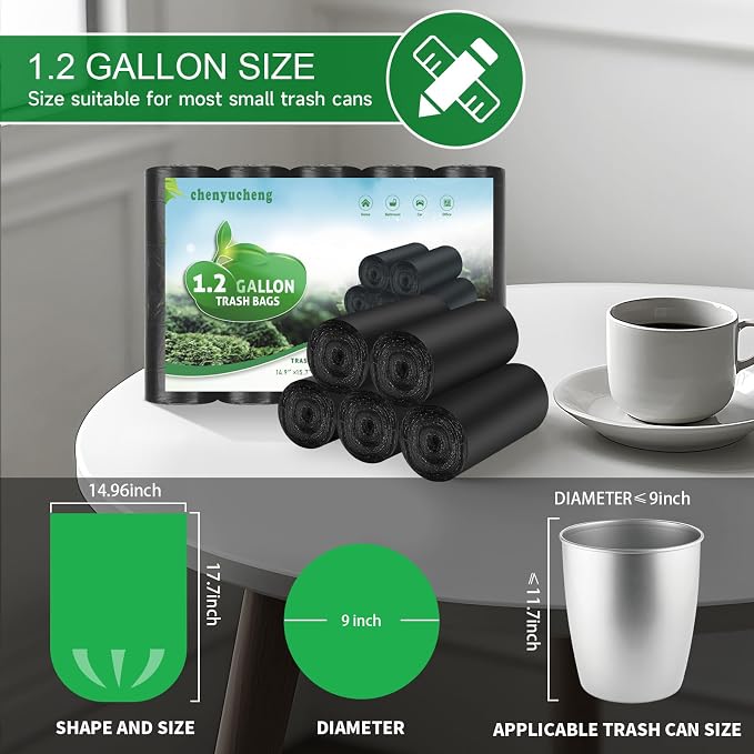 1.2 Gallon Small Trash Bags Biodegradable - Mini Garbage Bag Black Kitchen Bathroom Car (Fit 1-1.3 Gal) Unscented Compostable 100 Count 5 Liter Tiny Waste Basket Liners Chenyucheng