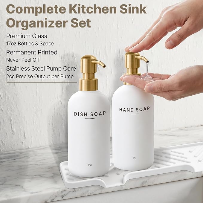 Kitchen Soap Dispenser with Self Draining Silicone Tray, Brush Sponge, Gold | Kitchen Sink Organizer, 2 x 17oz Glass Soap Dispensers, Stainless Steel Pumps, Hand and Dish Soap Dispenser Set