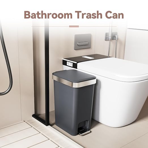 2PACK 2.6 Gal Small Bathroom Trash Can with Lid Foot Pedal,Dark Gray | Step Pedal Wastebasket Plastic Garbage Can with Pop-Up Lid for Kitchen,Bedroom,Office,Dorm,Laundry,Restroom,Rv,White