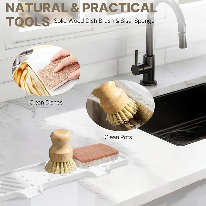 Kitchen Soap Dispenser Set with Self Draining Silicone Tray, Silver | Kitchen Sink Organizer for Sink, 2 x 17oz Glass Soap Dispensers with Stainless Steel Pumps, Bamboo Brush & Sisal Sponge