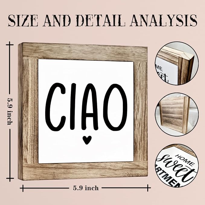 Italian Hello Wooden Box Sign, Ciao Wood Plaque Decor, Welcome Sign for Entrance, Rustic Wooden Table Top Decor, Freestanding Welcome Decorative Signs 5.9x5.9 Inches