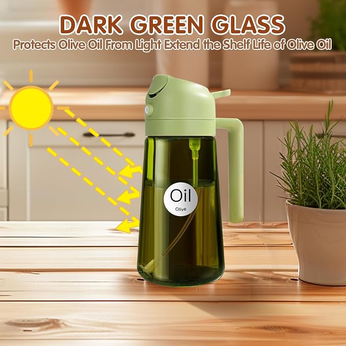 YARRAMATE 16oz/470ml Light Blocking Oil Sprayer for Cooking with Stickers, Food-Grade 2 in 1 Olive Oil Dispenser Bottle for Kitchen, Premium Dark Green Glass Oil Bottle for Air Fryer, BBQ (Green)