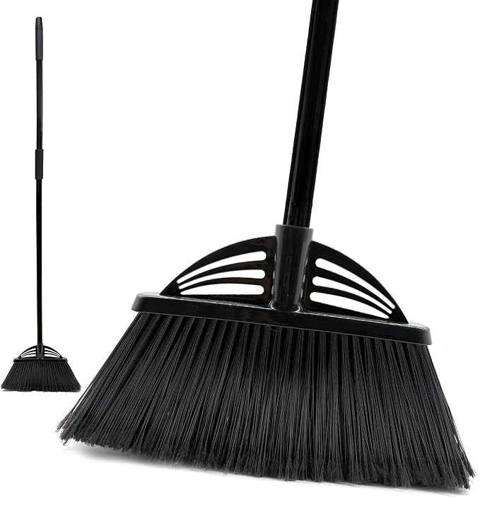 Four-Section Rod Long-Handled Broom,Heavy-Duty Broom, Angle Broom for Outdoor/Indoor（Black）