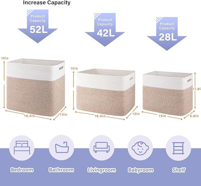 OIAHOMY 2 PACK Tall Storage baskets 42L Blanket Basket Living Room Brown | Large Collapsible Storage Bins Narrow Basket Baskets for Closet Organization Storage Baskets for Shelves Toy Storage Basket