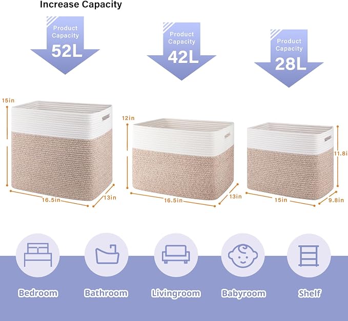 OIAHOMY 2 PACK Tall Storage baskets 30L Blanket Basket Living Room Brown | Large Collapsible Storage Bins Narrow Basket Baskets for Closet Organization Storage Baskets for Shelves Toy Storage Basket