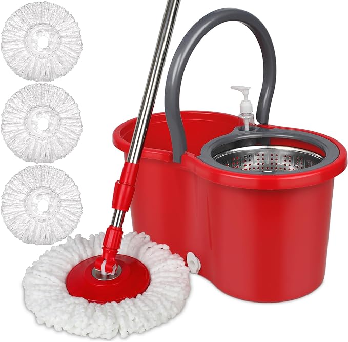 Spin Mop and Bucket with Wringer Set, 3 Mop Heads, 61" Adjustable Handle | 360° Spinning Mop Bucket System with 3 Microfiber Mop Heads & 61" Stainless Steel Adjustable Handle for Floor Cleaning
