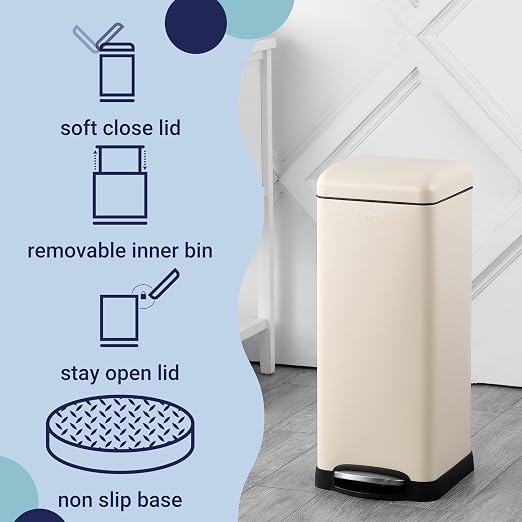 happimess HPM1007F Betty Retro 8-Gallon Step-Open Trash Can with Soft-Close Lid, Fingerprint Resistant, Modern, Minimalistic for Home, Kitchen, Laundry Room, Office, Bedroom, Bathroom, Almond | Fingerprint Resistant, Removable Liner, Semi-Rectangular, ...