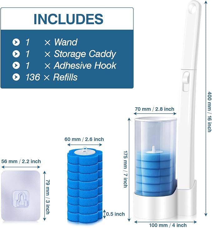 Disposable Toilet Brush with 136 Refills, Toilet Bowl Wand and Holder, White Toilet Cleaning Brush, Toilet Bowl Wand Kit Wall-Mounted, Toilet Brush Refill for Efficient and Deep Scrub Toilet