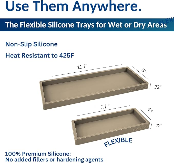Spacewiser Countertop & Vanity Silicone Tray – 2 PC (11.7" & 7.7") Set | Bathroom Tray & Kitchen Soap Tray Set, Bathroom Counter Tray, Kitchen Sink Dish Soap Tray for Countertop Organization
