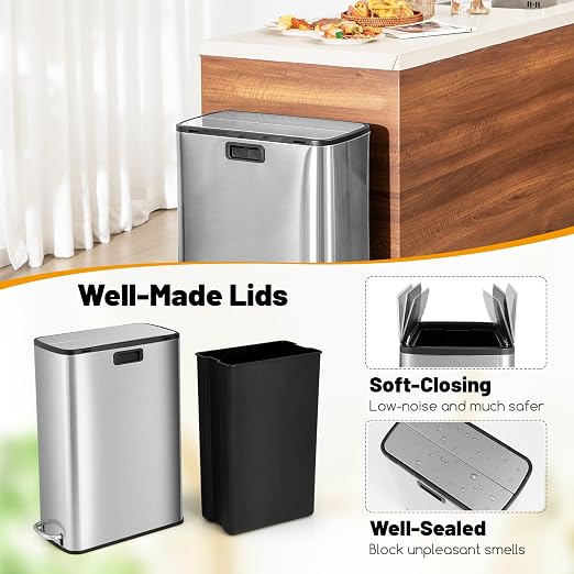 Goplus 12 Gallon Stainless Steel Trash Can, Kitchen Waste Bin with Soft-Closing Wing Lids & Removable Inner Bucket, Slim Step Garbage Can for Living Room Home Office, Silver
