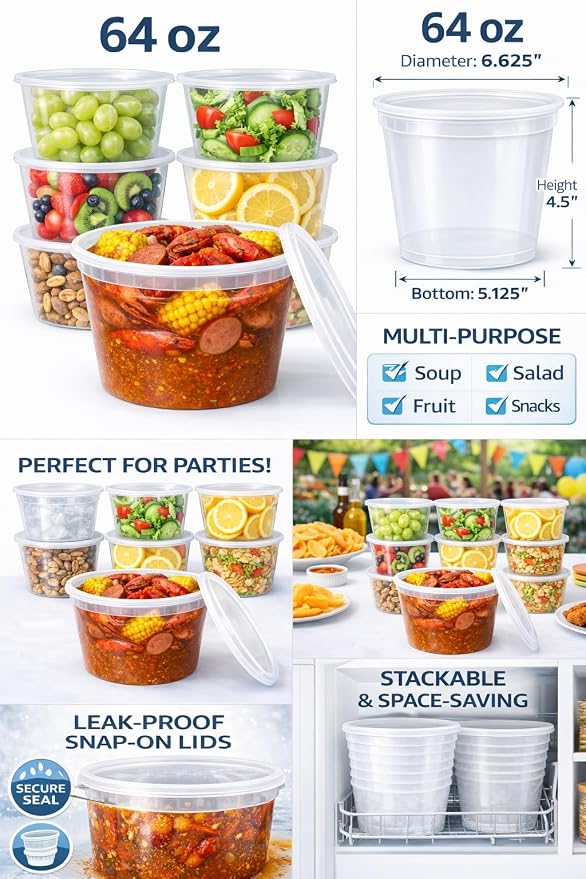 64 oz [6-Pack] BPA Free Microwavable Plastic Deli Containers with Lids | Leak-resistant, stackable and freezer-safe design keeps soups, leftovers and large portions fresh