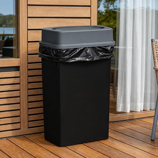 PLASTIC PRINCE 23 Gallon Slim Trash Can with Swing Lid Commercial Rectangular Garbage Can with Drop Shot Lid Waste Bin with Double Flip Top for Restaurant Home Kitchen Office, Black/Gray 2 Pack
