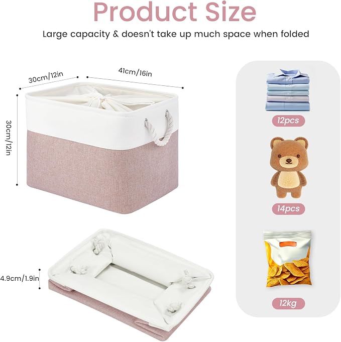 16x12x12 In Foldable Fabric Large Storage Bins with Handle 1 Pack | Storage Basket with Draw String Top, Sturdy Metal Strand, Cardboard Support Molding, for Shelf, Closet, Bedroom, White/Pink