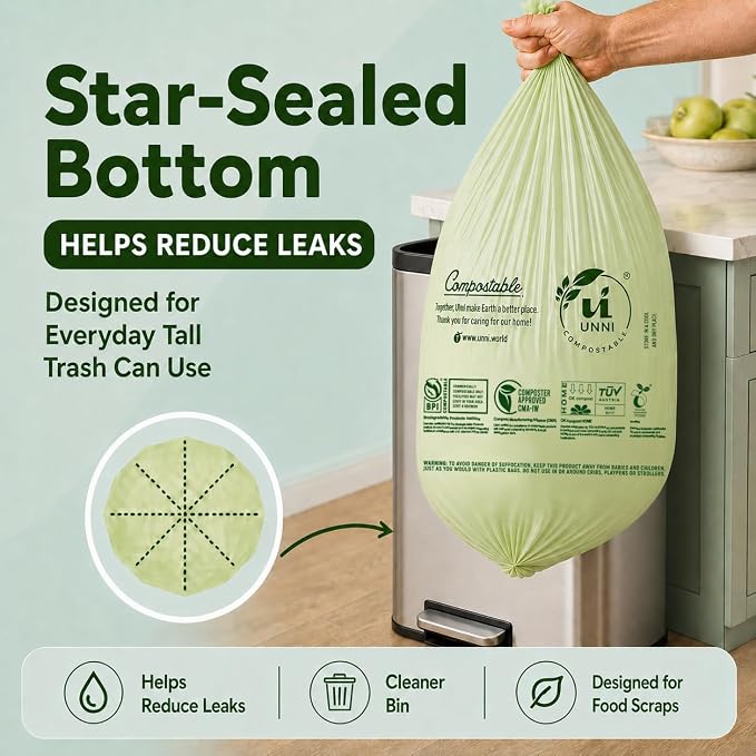UNNI 13 Gallon Compostable Bags, 50 Count, 49.2 Liter, Extra Thick 0.9 Mil | Tall Kitchen Compost Bags for Pull-Out Food Scrap Bins, Wide Opening, Certified by BPI, CMA & OK compost HOME, ASTM D6400