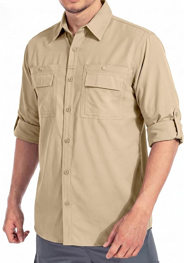 linlon Men's Safari Shirt UV Sun Protection Long Sleeve Hiking Travel | Button Down Mesh Back Vents UPF 50+ Quick Dry Breathable Cool Lightweight Outdoor Travel Fishing Gardening Clothes