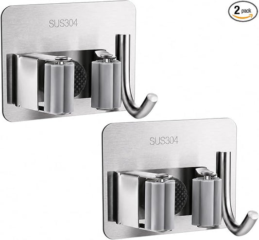 2 Pack Stainless Steel Broom Holder Wall Mount, Heavy Duty Mop Holder No Drill Adhesive, Tool Organizer with Hooks for Kitchen Bathroom Garage Garden (2, Silver)