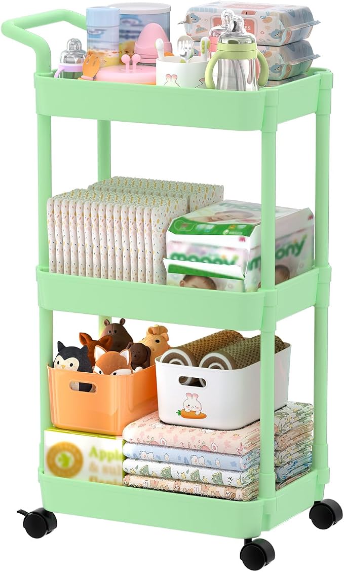Volnamal Diaper Caddy, 3 Tier Rolling Cart for Baby Essentials, Green | Movable & Easy Assemble Cart for Newborn Nursery Essentials, Diaper Storage Organizer for Changing Table&Crib, Baby Registry