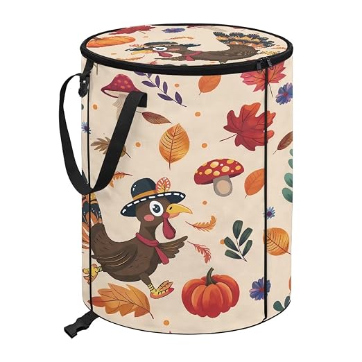 doginthehole Fall Leaves Pumpkin Turkey Outdoor Trash Can Storage Collapsible Pop-up Recycle Trash Can 22.83x17.71 Waterproof Garbage Bin Bag with Lid, Thanksgiving Day Party Supplies Fall Decor
