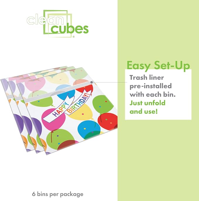 Clean Cubes 13 Gallon Disposable Pop-Up Trash Cans, 6-Pack (Birthday) | One Pack Covers the Whole Party, Place a Bin in Every Corner, No Assembly, Built-In Liner, Toss the Whole Bin When Full