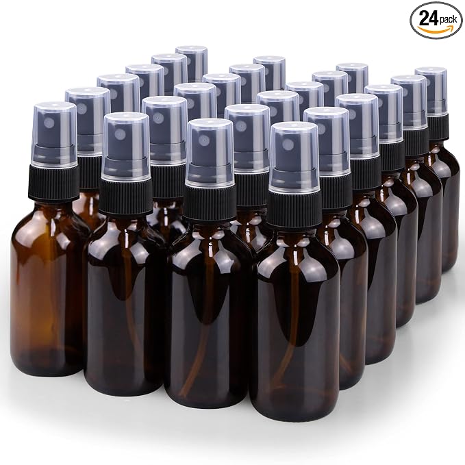 Spray Bottle, 2 oz Fine Mist Glass Spray Bottle, Little Refillable Liquid Containers for Watering Flowers Cleaning (24 Pack, Amber)
