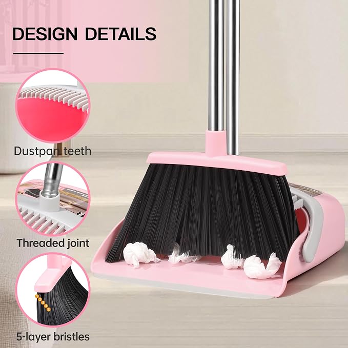 2-Pack Broom with Dustpan Combo Set, Hand Broom and Dustpan Set for Sweeping Indoor Angle Broom for Home Office Kitchen Lobby Floor Pet Hair Indoor&Outdoor Cleaning (Pink&Gray)(2-Pack)