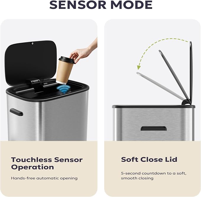 Furnify 16 Gallon / 60L Kitchen Trash Can, Motion Sensor Trash Bin with Lid | Large Capacity Touchless Garbage Waste Bin, Waterproof Brushed Trash Bin, Trash Can for Kitchen Bedroom Bathroom