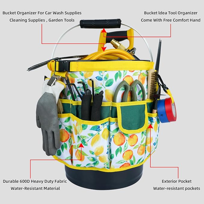 MELOTOUGH Bucket Caddy Organizer Bucket Tool Organizer for Garden Tools Fit 3.5 to 5 Gallon Bucket (Yellow Flower)