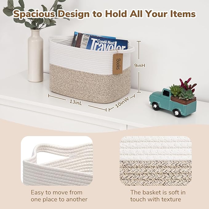 Goodpick Woven Storage Basket, Cotton Rope Basket for Dog Toys, Books, Stylish Gift Basket with Handles, 13 x 10 x 9 Inches Square Baskets for Organizing, Brown and White (Pack of 3)