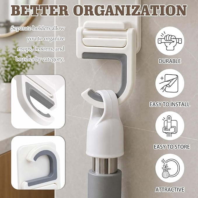 White 3-Pack Broom & Mop Wall Organizer – No-Drill Gripper Hanger for Household Cleaning Tools.