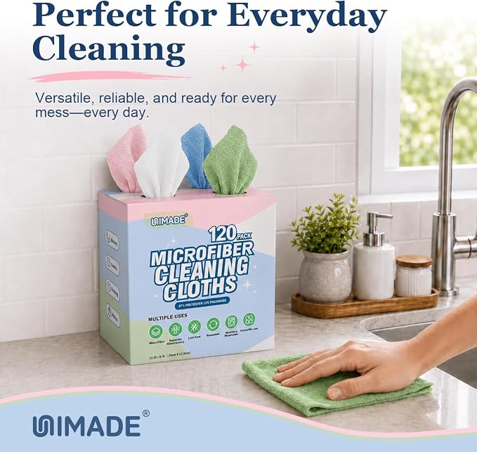 Microfiber Cleaning Cloth, 120 Pack Microfiber Towels for Cars | Reusable Paper Towels Lint Free Shop Rags with for Home Kitchen Automotive, 11"x 9", White & Green & Blue & Pink